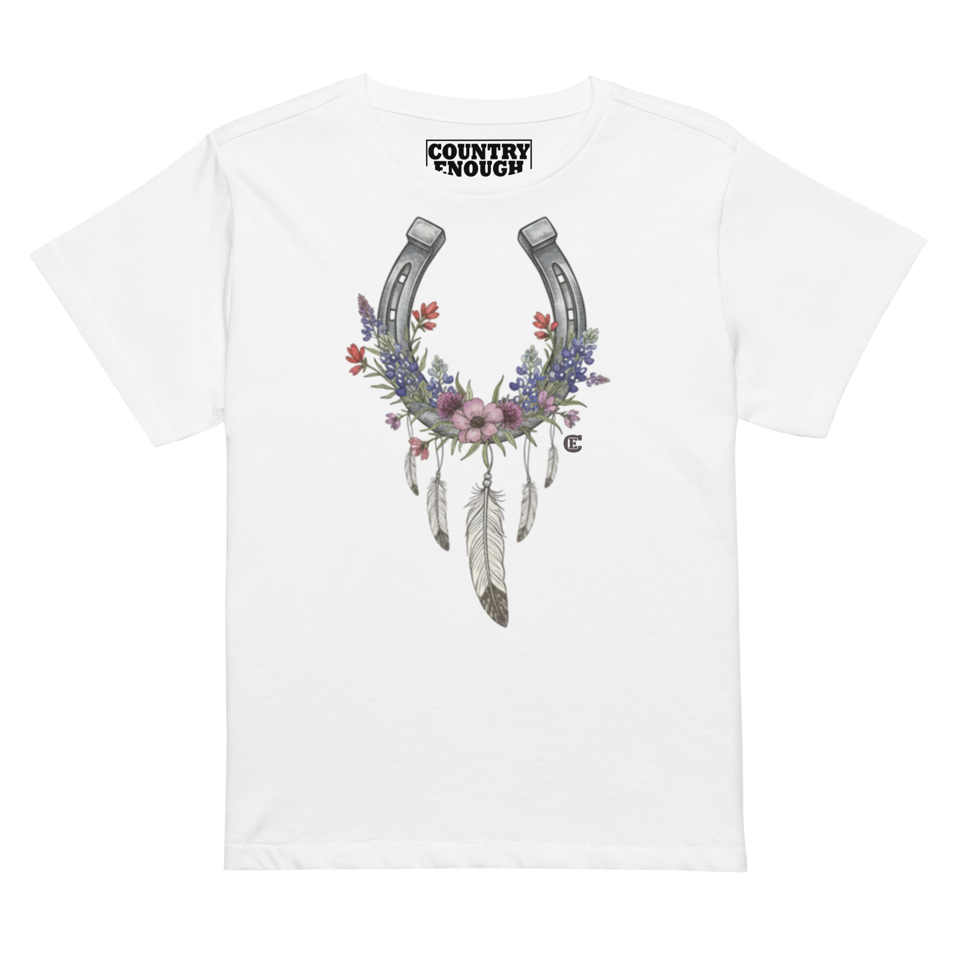 Women's high waist t-shirt with horseshoe, feathers, flower, and country enough text graphic #white