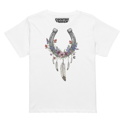 Women's high waist t-shirt with horseshoe, feathers, flower, and country enough text graphic #white
