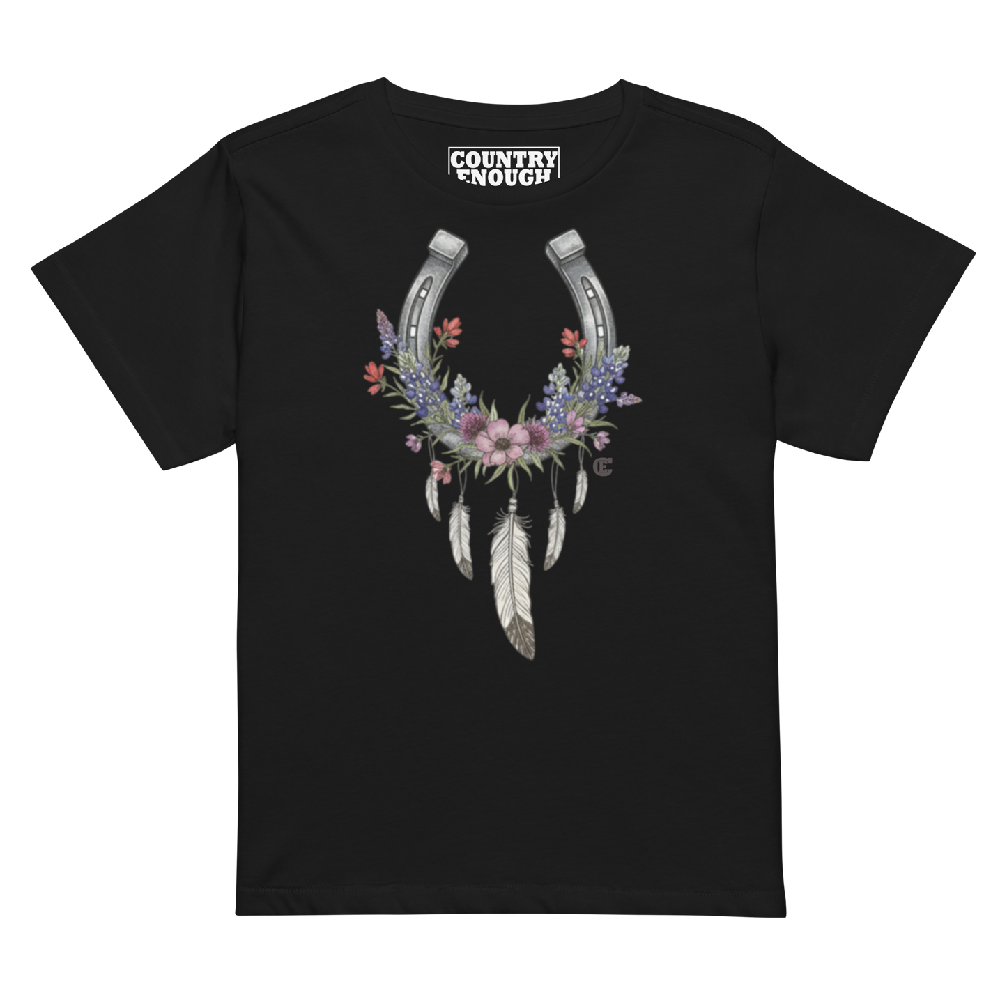 Women's high waist t-shirt with horseshoe, feathers, flower, and country enough text graphic #black