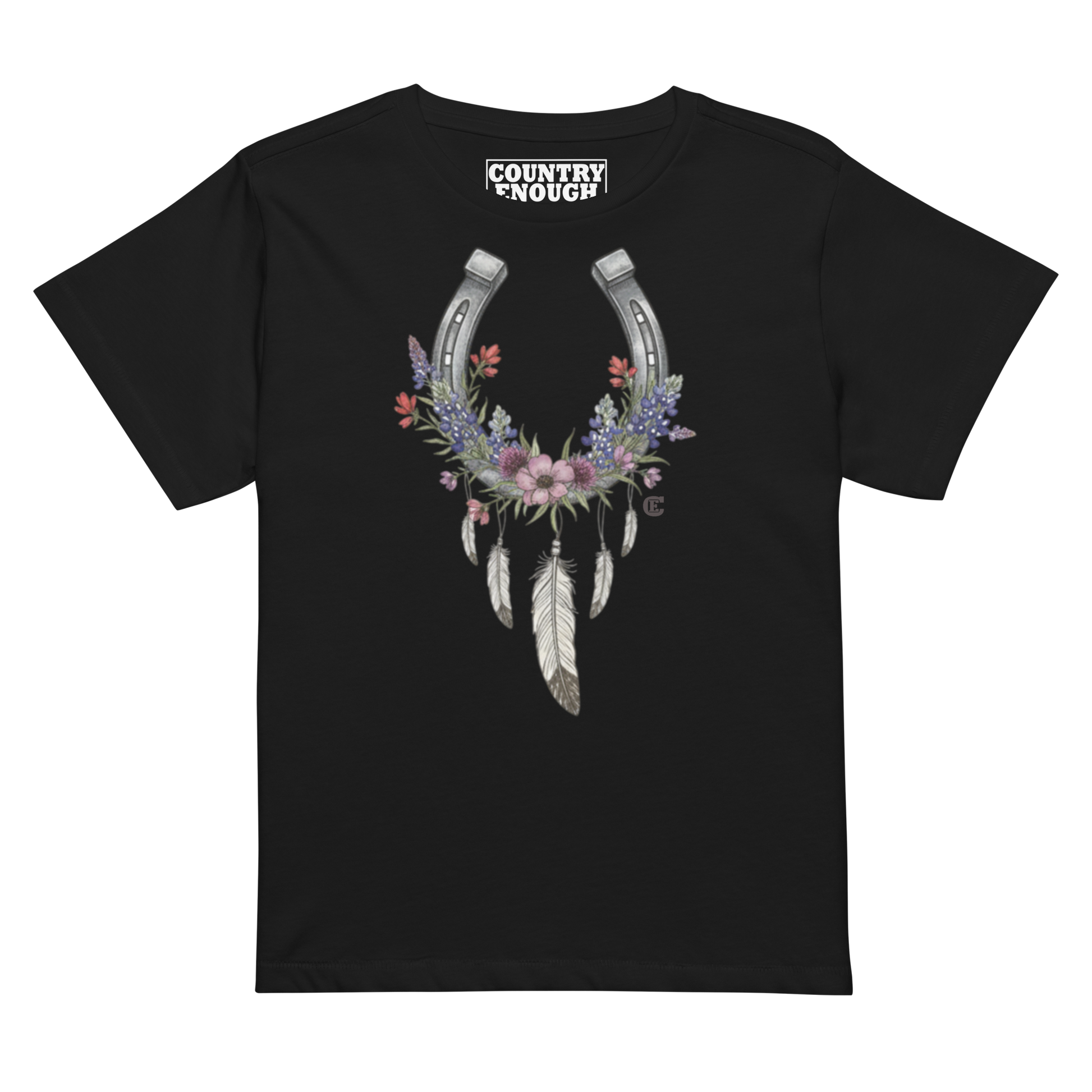 Women's high waist t-shirt with horseshoe, feathers, flower, and country enough text graphic #black