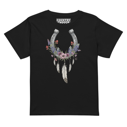 Women's high waist t-shirt with horseshoe, feathers, flower, and country enough text graphic #black