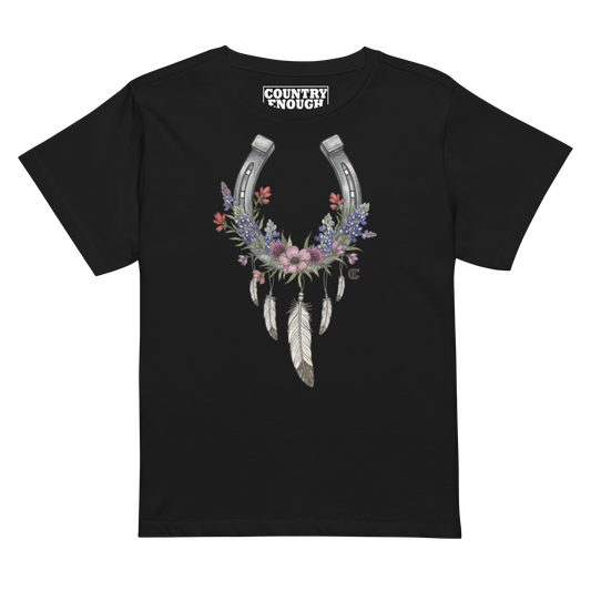Women's high waist t-shirt with horseshoe, feathers, flower, and country enough text graphic #black