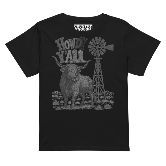 Women's t-shirt with graphic of a longhorn, windmill and the words howdy y'all in western font #black