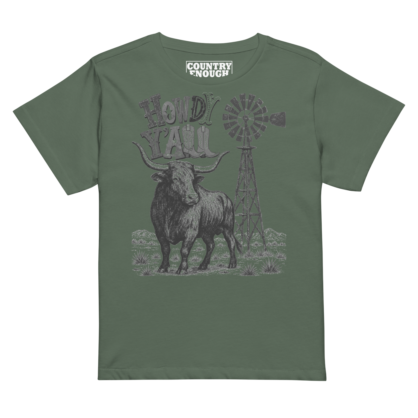 Women's t-shirt with graphic of a longhorn, windmill and the words howdy y'all in western font #pine