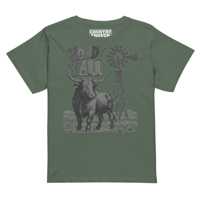 Women's t-shirt with graphic of a longhorn, windmill and the words howdy y'all in western font #pine
