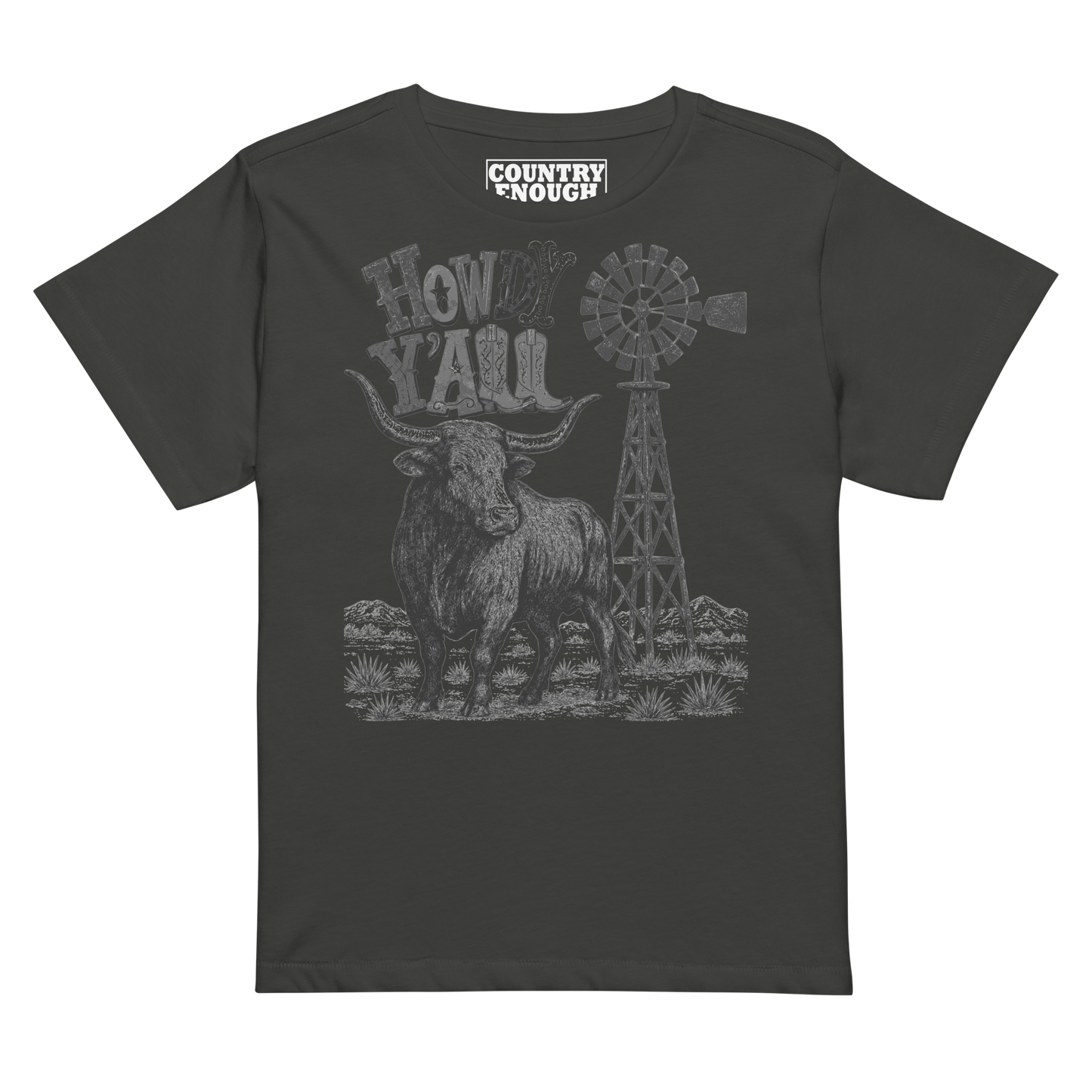 Women's t-shirt with graphic of a longhorn, windmill and the words howdy y'all in western font #vintageblack