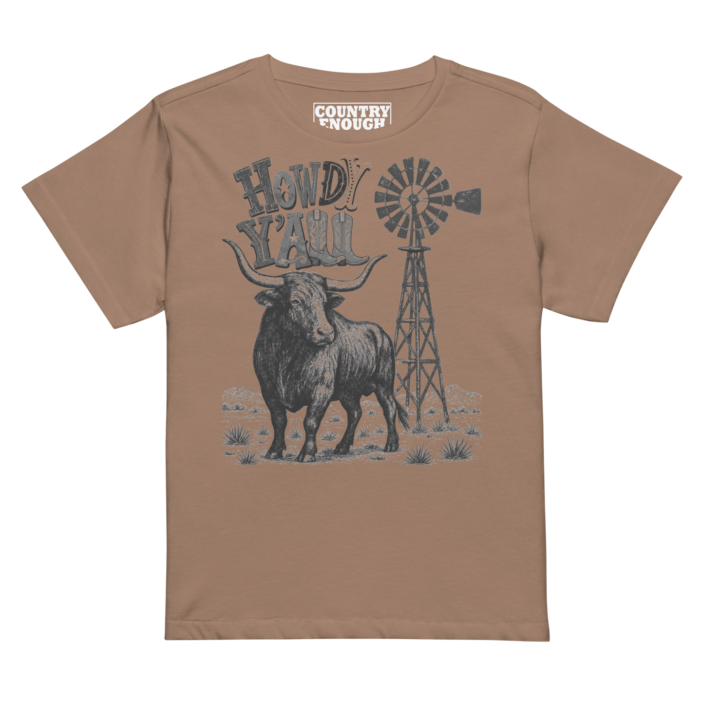 Women's t-shirt with graphic of a longhorn, windmill and the words howdy y'all in western font #latte
