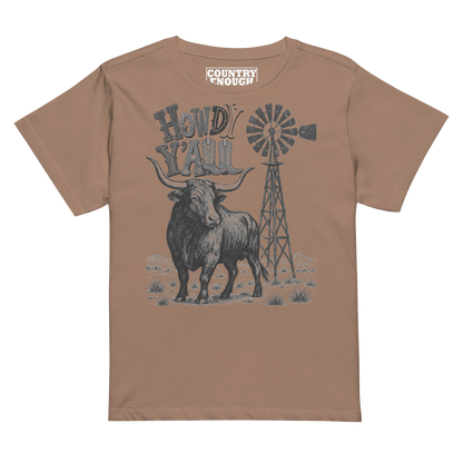 Women's t-shirt with graphic of a longhorn, windmill and the words howdy y'all in western font #latte