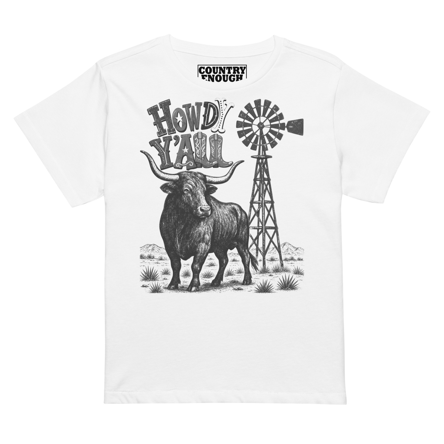 Women's t-shirt with graphic of a longhorn, windmill and the words howdy y'all in western font #white
