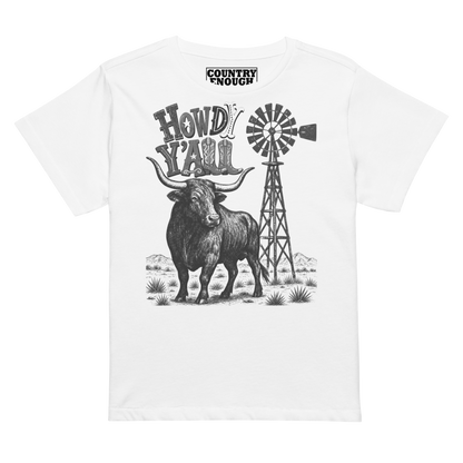 Women's t-shirt with graphic of a longhorn, windmill and the words howdy y'all in western font #white