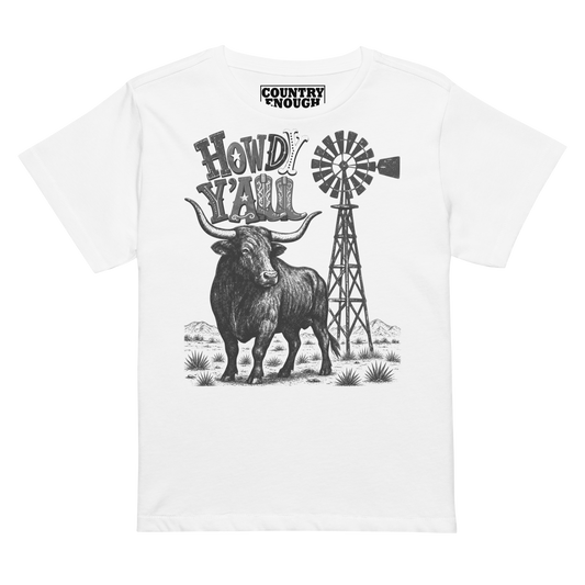 Women's t-shirt with graphic of a longhorn, windmill and the words howdy y'all in western font #white